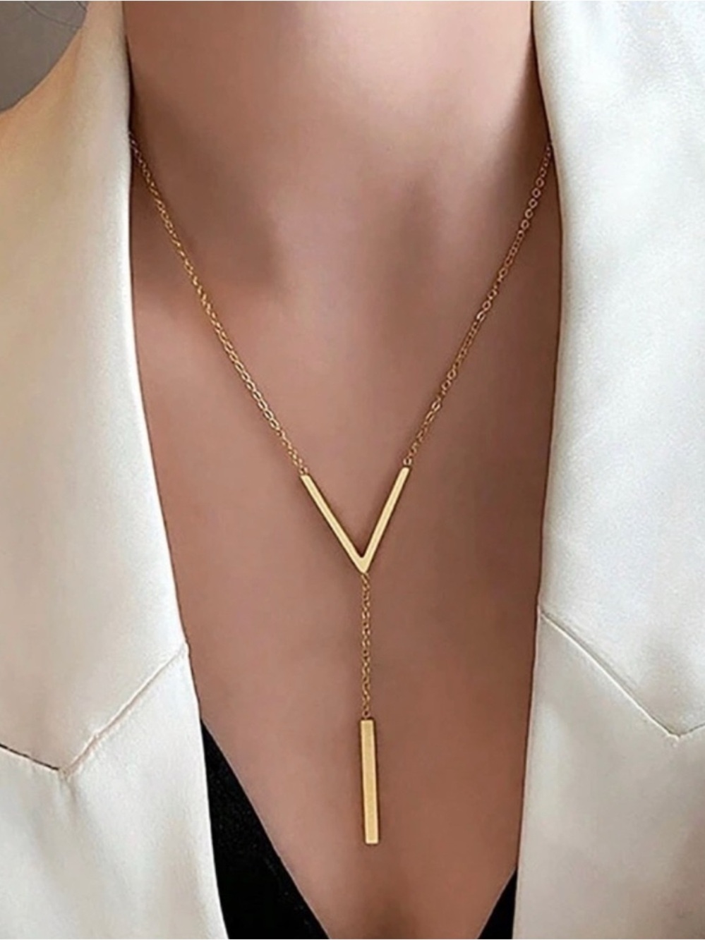Gold Plated Stainless Steel V Shaped Lariat Necklace
